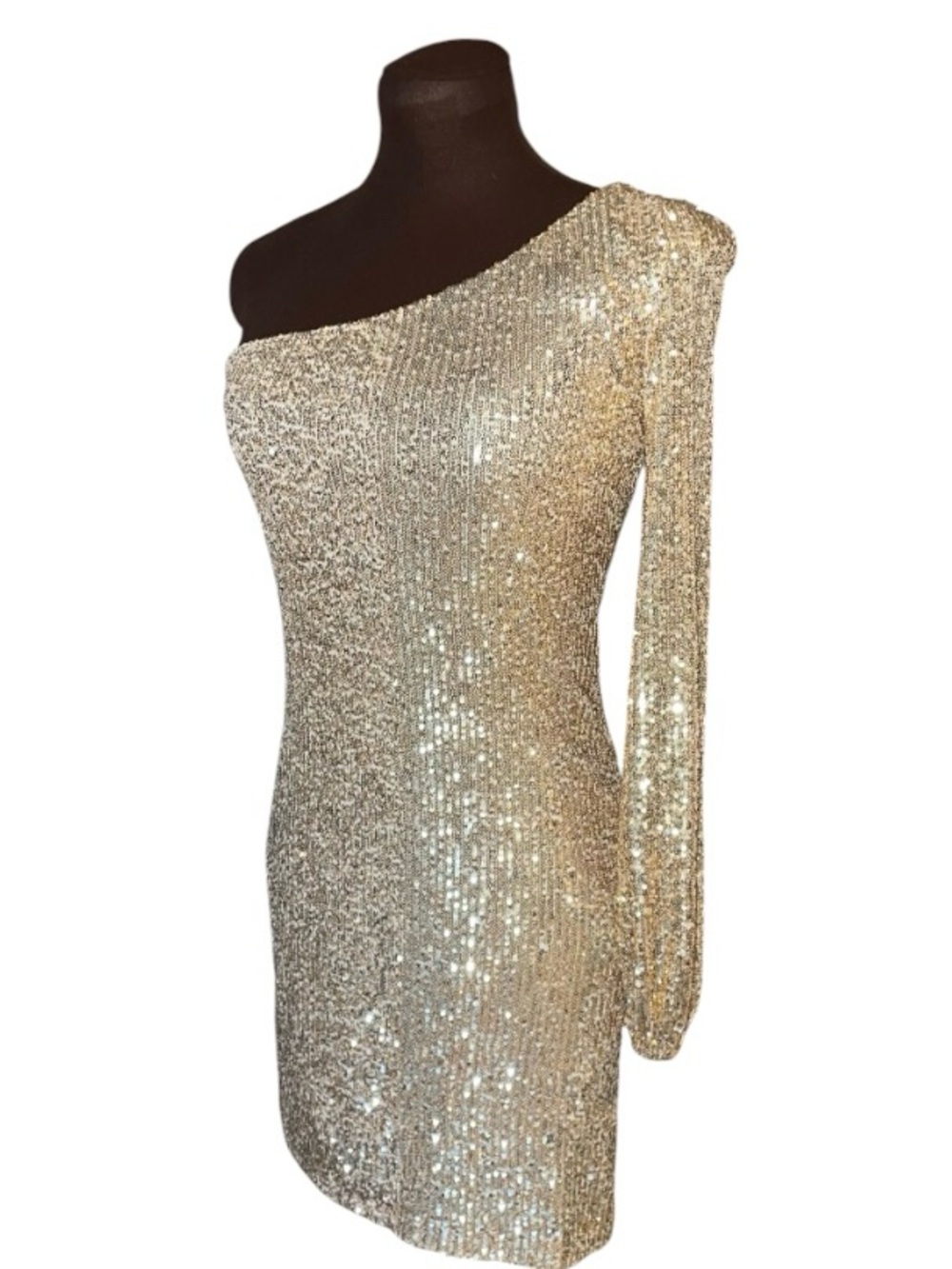 BETSEY JOHNSON Luisa Gold Shimmer Sequin One Shoulder Bodycon Party Dress Medium - Picture 7 of 10